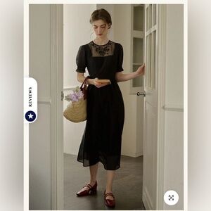 Retro style black lace embroidered midi dress NWT